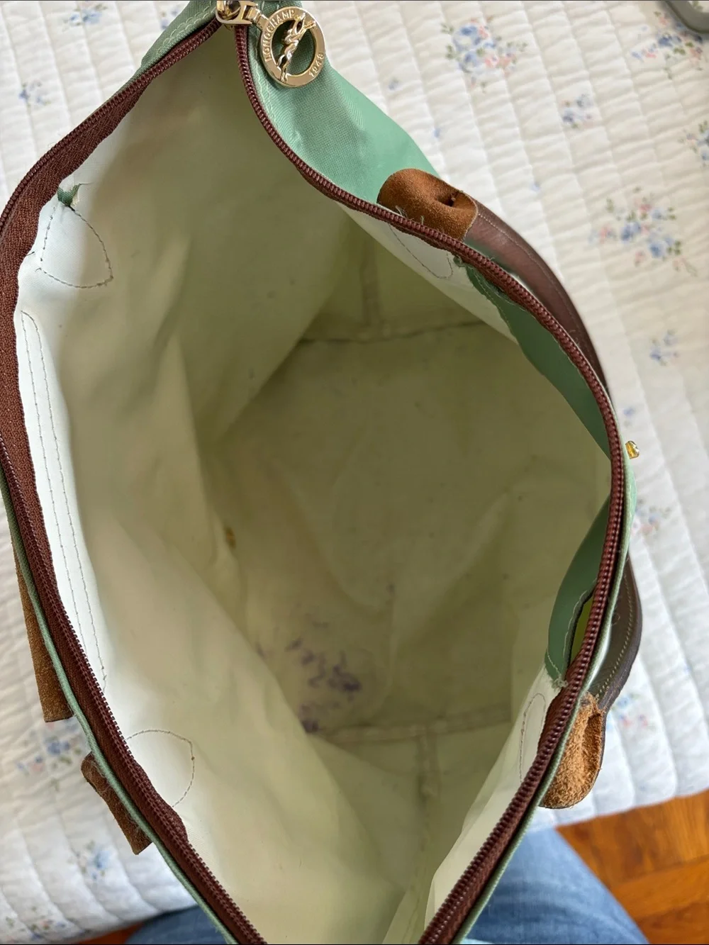 Longchamp Le Pliage Medium Green Nylon Tote with Brown Leather Trim - Picture 6 of 7